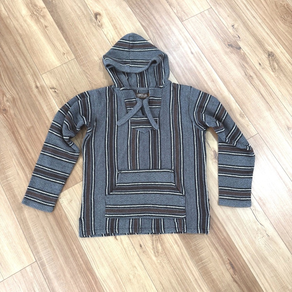 Retrofit Baja Hoodie Mens Medium Grey Brown Woven Stripe Mexican Poncho Pullover